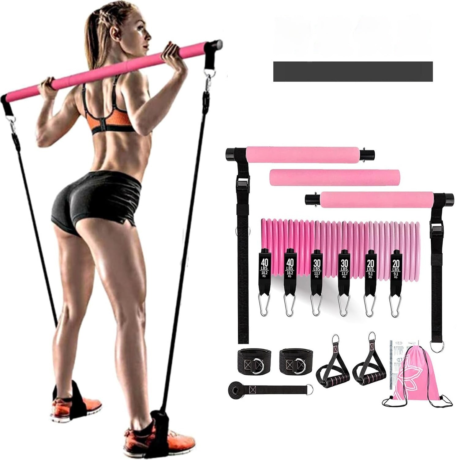 Yoga Gymnastic Bar 180 Pounds Reinforced Resistance Band Pull Rope Set - ABC&D Fitness
